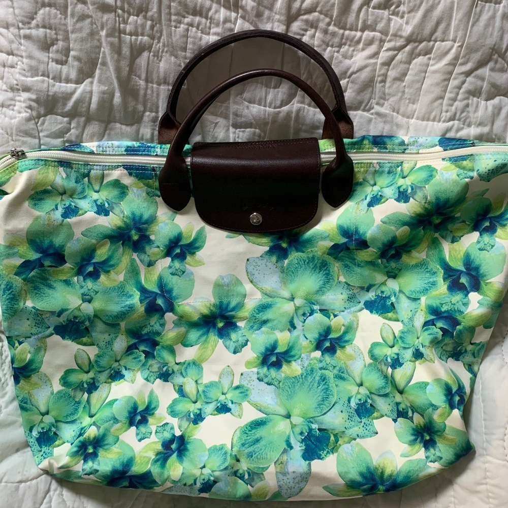 Longchamp Le Pliage Orchidea Teal Floral Large Tote
